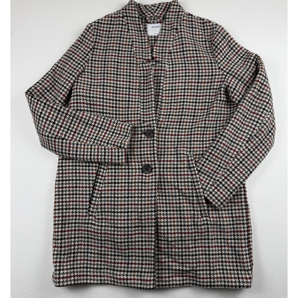 Old Navy Womens Houndstooth Car Coat Burgundy Black Plaid Wool Blend Jacket M